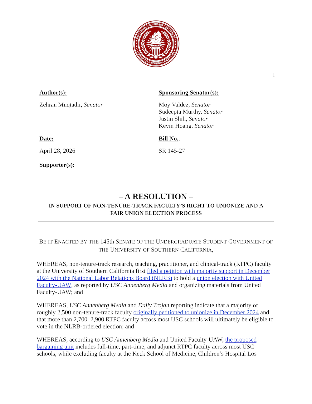SR 145-27_ A Resolution in Support of Non-Tenure Track Faculty's Right to Unionize and a Fair Union Election Process_Page_1